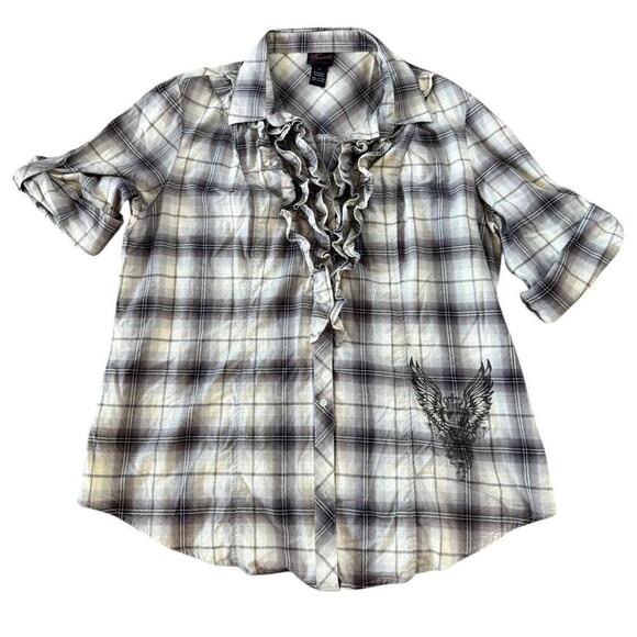 Torrid Plaid Ruffle Button-Down / Eagle Graphic – Size 2 - Picture 1 of 7